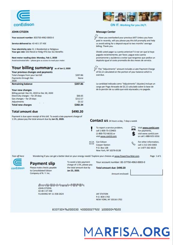 Blank USA Con Edison electricity utility bill template in Word and PDF format